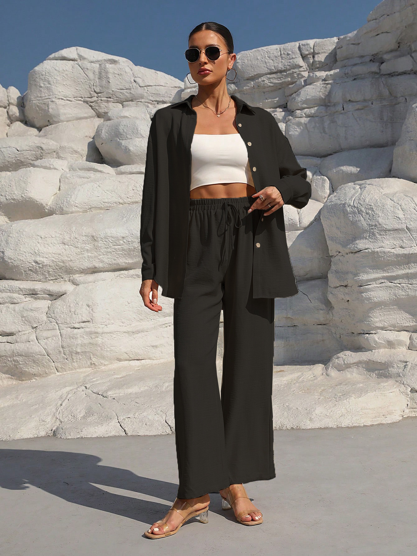 Women's Plain Daily Going Out Two-Piece Set Black Casual Spring/Fall Top With Pants Matching Set