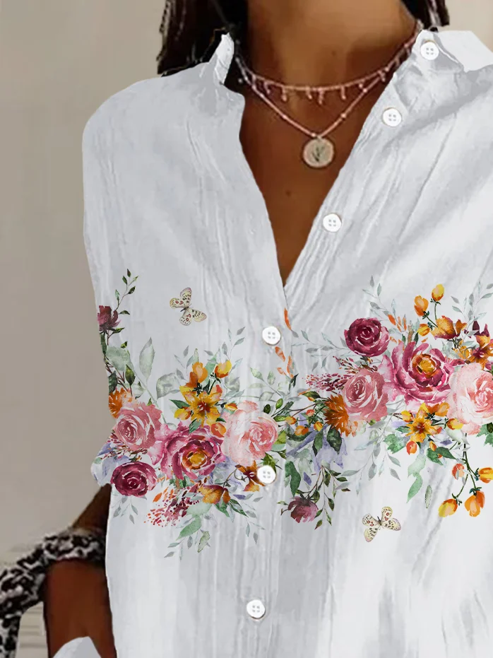 Women's Long Sleeve Shirt Spring/Fall White Floral Buckle Shirt Collar Daily Going Out Casual Top