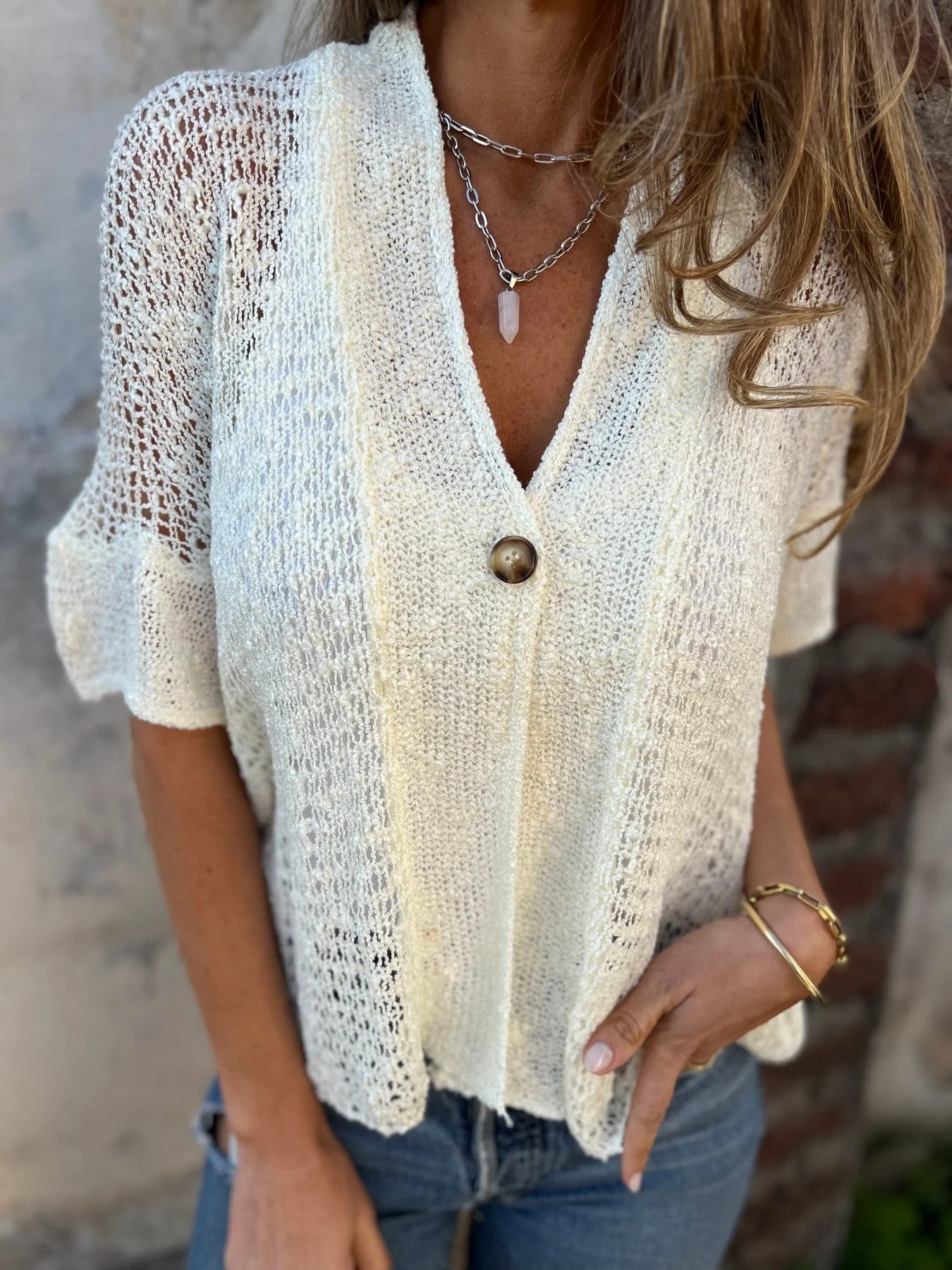 V Neck Hollow Out Casual Knit Top