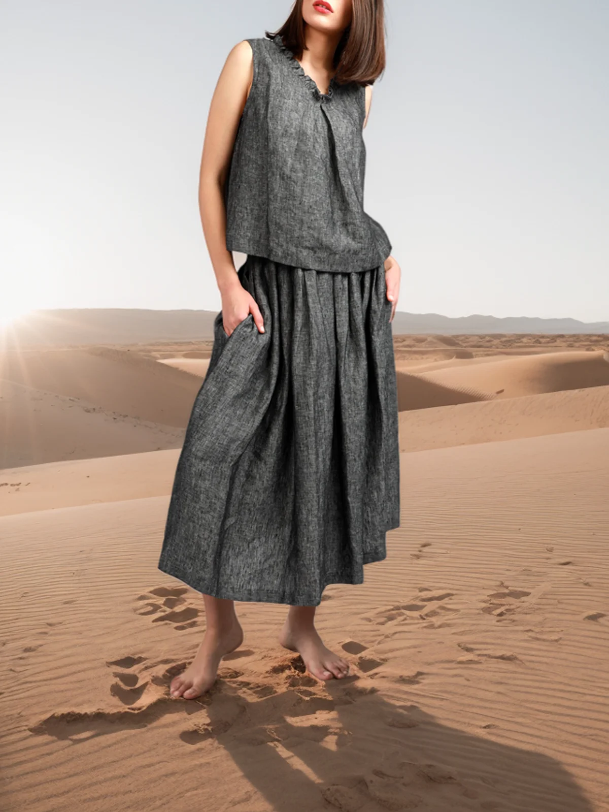 V Neck Linen Loose Cotton And Linen Tank Top