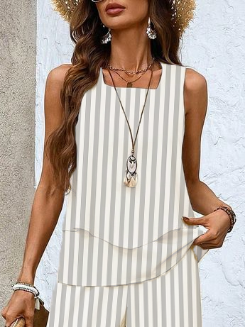 Women's Striped Printed Casual Vest And Trousers Two-Piece Suit