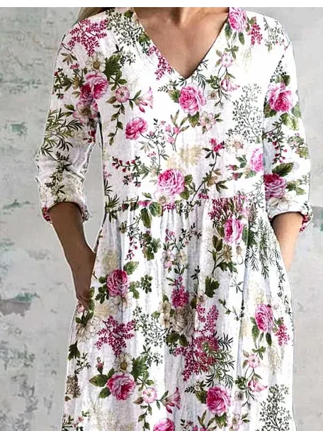 Women's Floral Spring Print Casual V-Neck Long Sleeve Dress