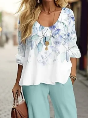 Women's Floral Spring Print Casual Tops and Pants Two-piece Set