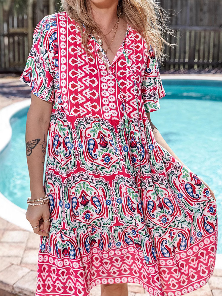 Vacation Floral Printing V Neck Midi Dress