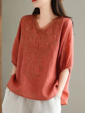 Cotton And Linen Vacation Embroidery Patterns Embroidery V Neck Blouse_