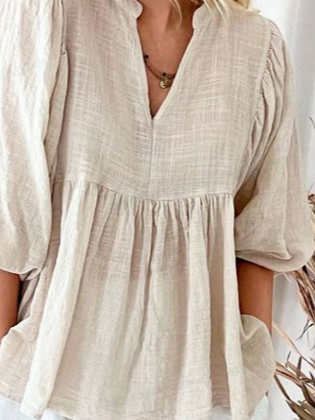 Cotton And Linen Linen Plain V Neck Blouse