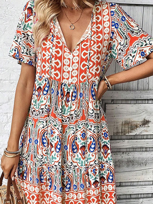 Vacation Floral Printing V Neck Midi Dress