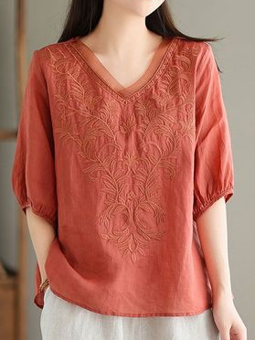 Cotton And Linen Vacation Embroidery Patterns Embroidery V Neck Blouse_