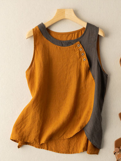 Cotton And Linen Vacation Plain Crew Neck Tank Top