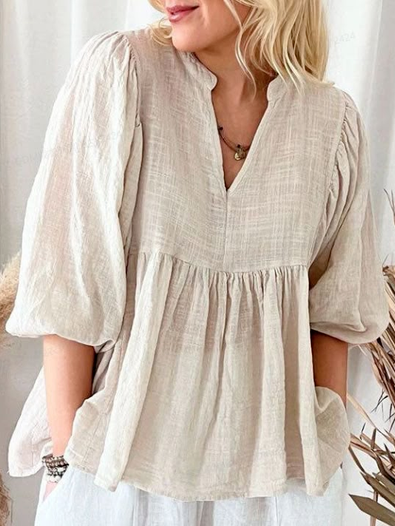 Cotton And Linen Linen Plain V Neck Blouse