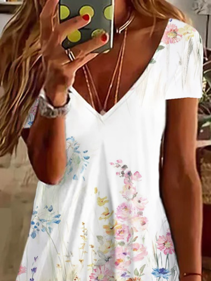 Women's Floral Spring Print Casual V-Neck Short Sleeve Dress