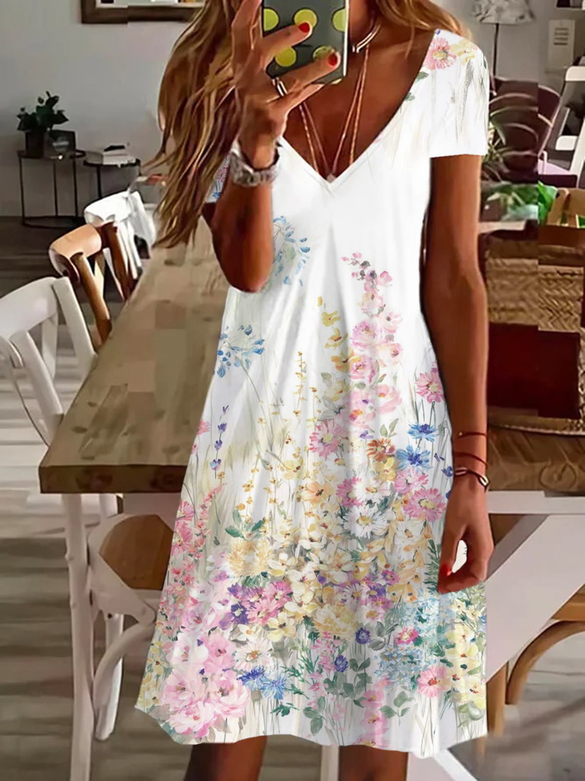 Women's Floral Spring Print Casual V-Neck Short Sleeve Dress