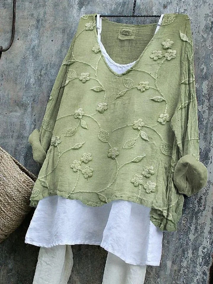 Women's Long Sleeve Blouse_ Spring/Fall Green Floral Printing V Neck Daily Going Out Casual Top