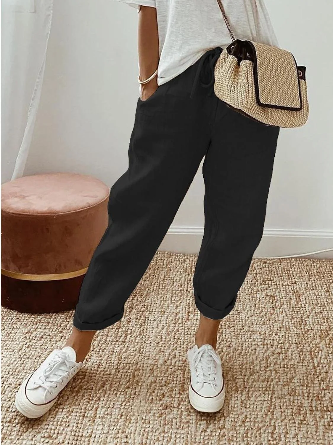 Cotton-Blend Simple Loose Pants