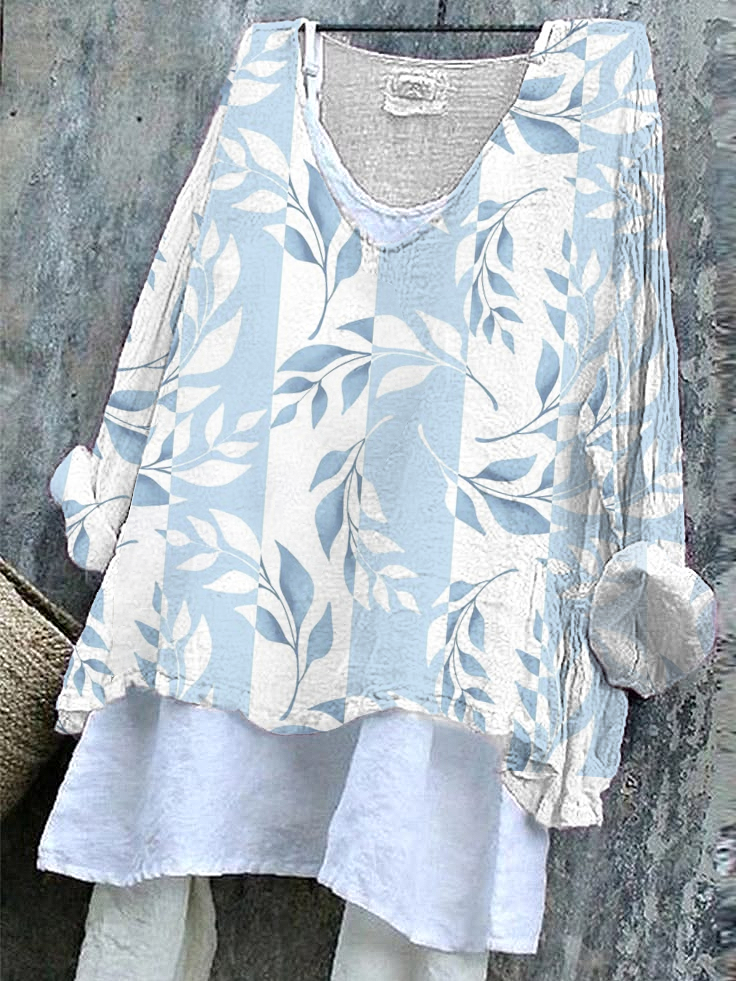 Women's Long Sleeve Blouse_ Spring/Fall Blue Floral Printing V Neck Daily Going Out Casual Top