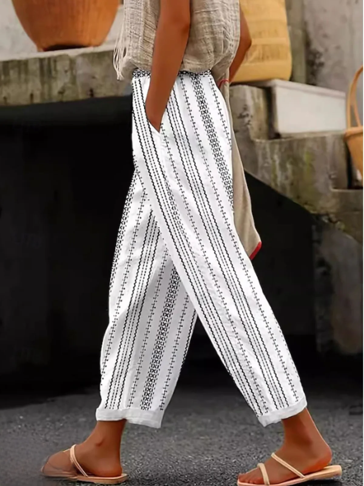 Casual Simple Geometric Cotton Pattern Pants