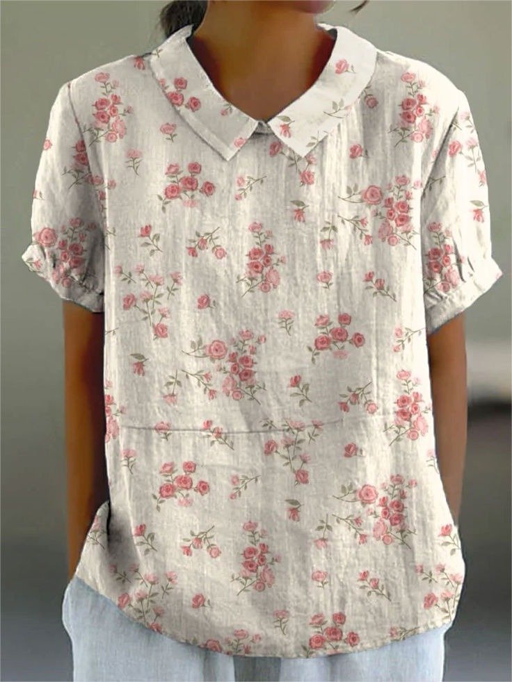 Women Floral Print Casual Cotton And Linen Blouse