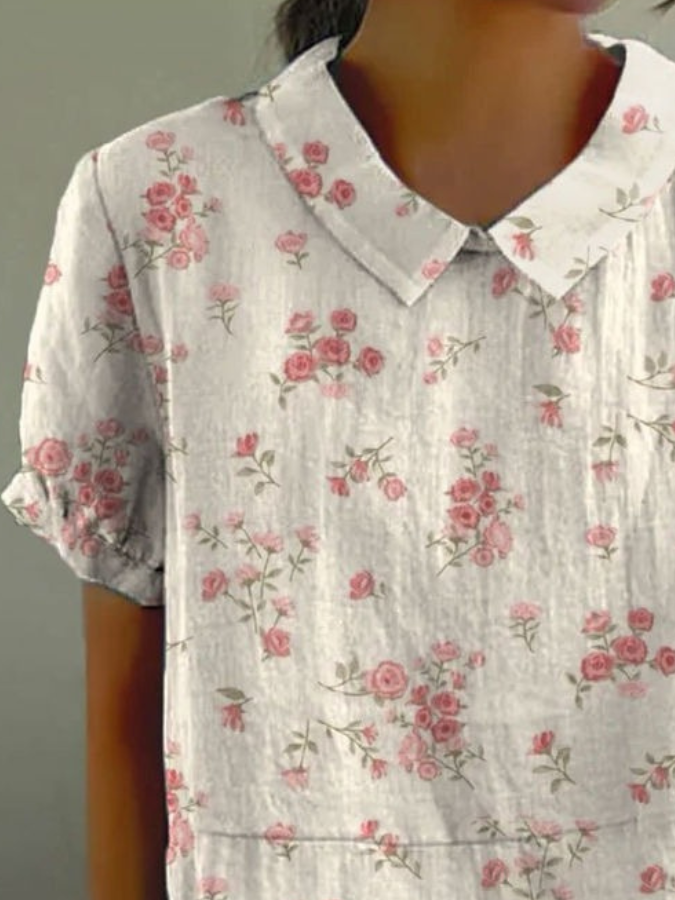 Women Floral Print Casual Cotton And Linen Blouse