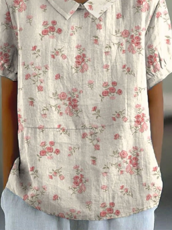 Women Floral Print Casual Cotton And Linen Blouse