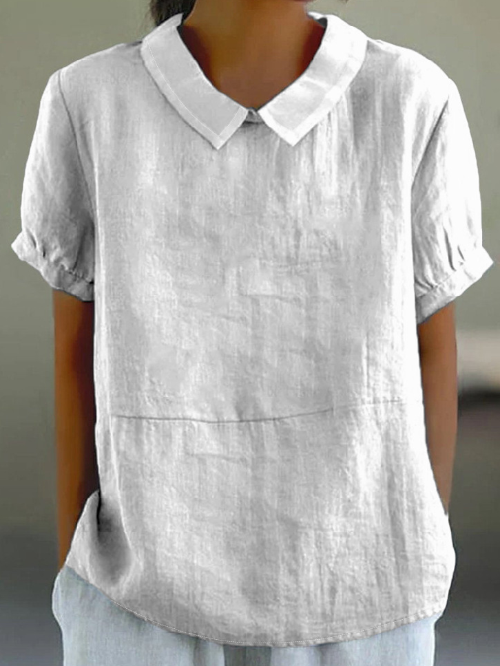 Women Plain Shawl Collar Vintage Short Sleeve T-shirt