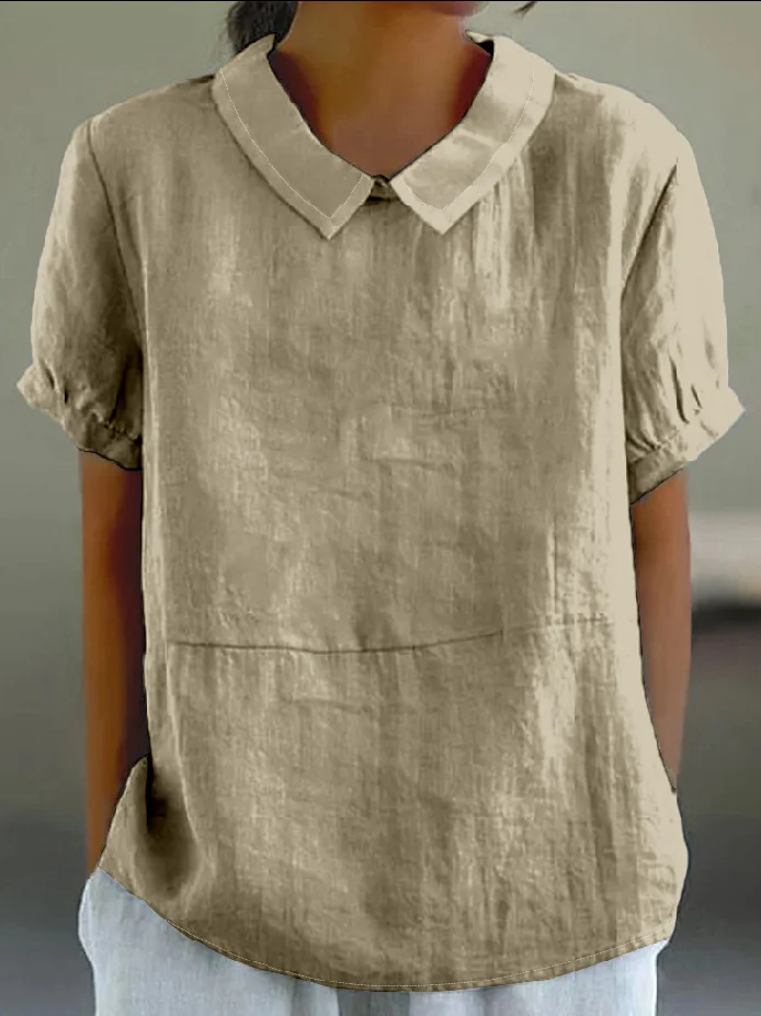 Women Plain Shawl Collar Vintage Short Sleeve T-shirt