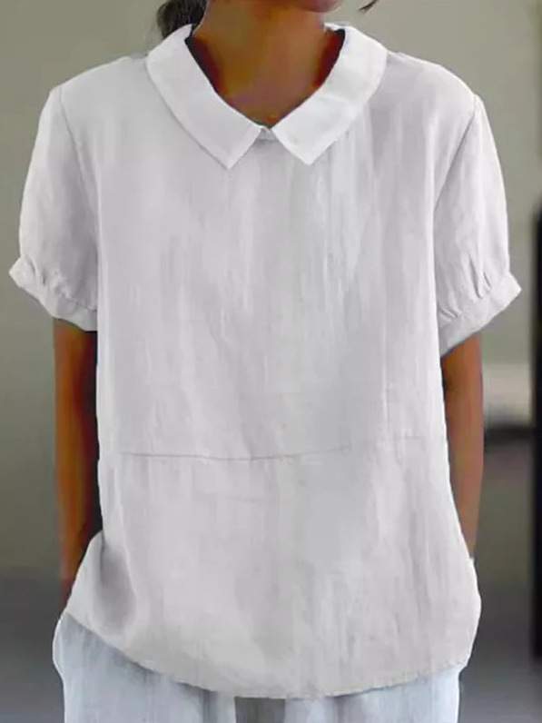 Women Plain Shawl Collar Vintage Short Sleeve T-shirt
