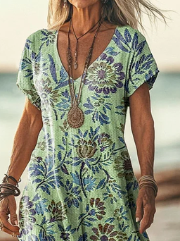 Women's Short Sleeve Summer Green Floral Printing V Neck Daily Going Out Casual Maxi H-Line T-Shirt Dress Dress