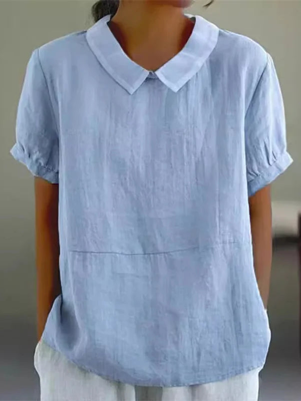 Women Plain Shawl Collar Vintage Short Sleeve T-shirt