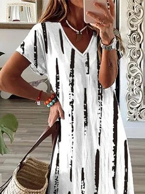 Women's Striped Spring Short Sleeve V-Neck Slit Dress