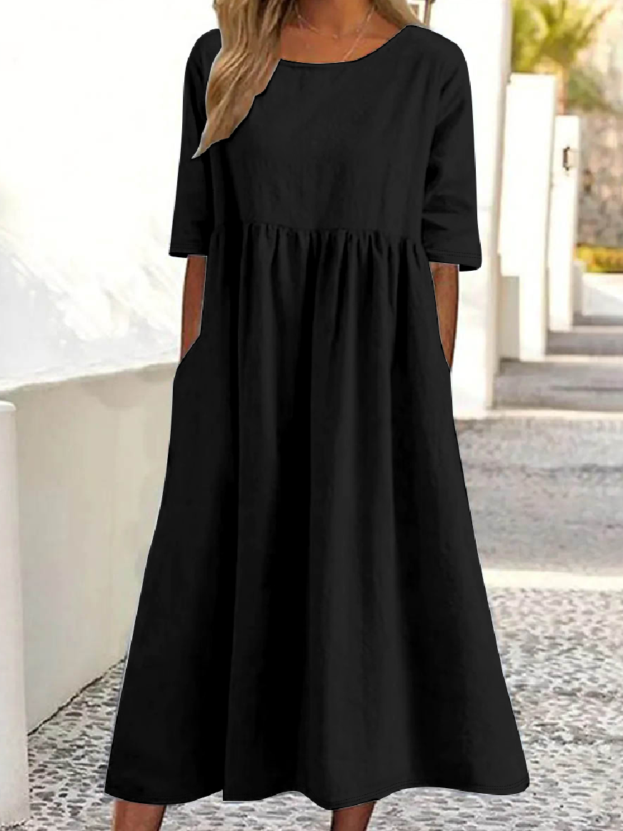 Simple Crew Neck Loose Plain Dress With No