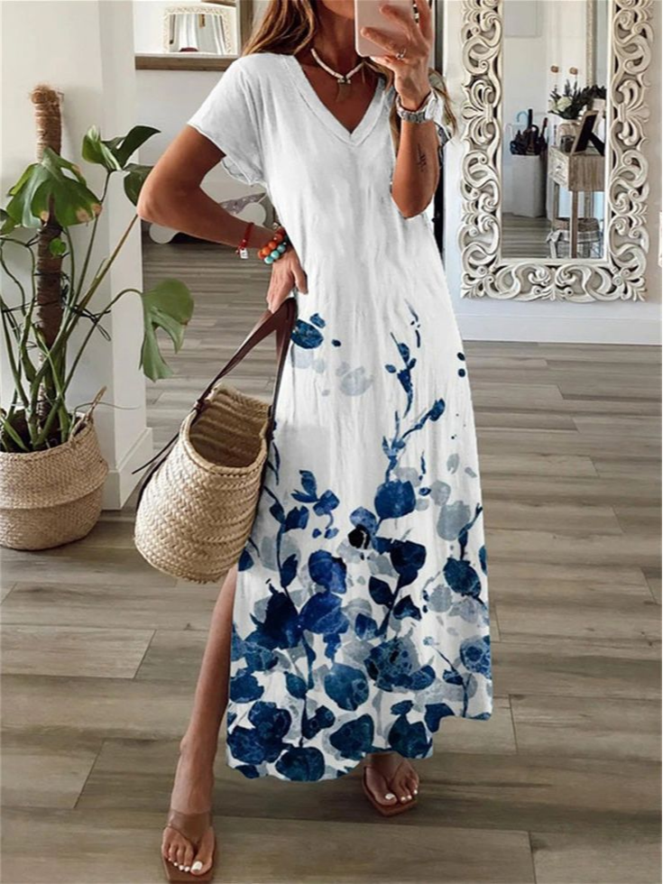 Women's Floral Spring Short Sleeve V-Neck Slit Dress