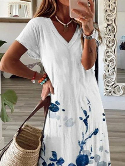 Women's Floral Spring Short Sleeve V-Neck Slit Dress