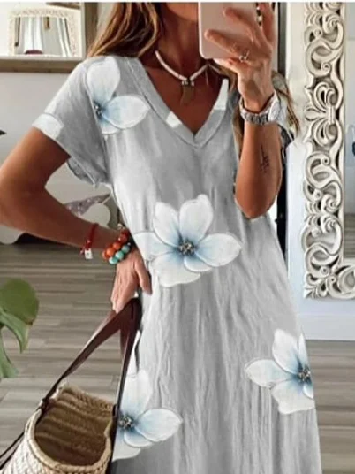 Women's Floral Spring Short Sleeve V-Neck Slit Dress