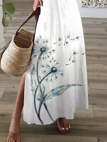 Women's Floral Spring Short Sleeve V-Neck Slit Dress