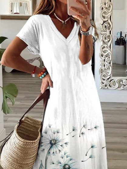 Women's Floral Spring Short Sleeve V-Neck Slit Dress