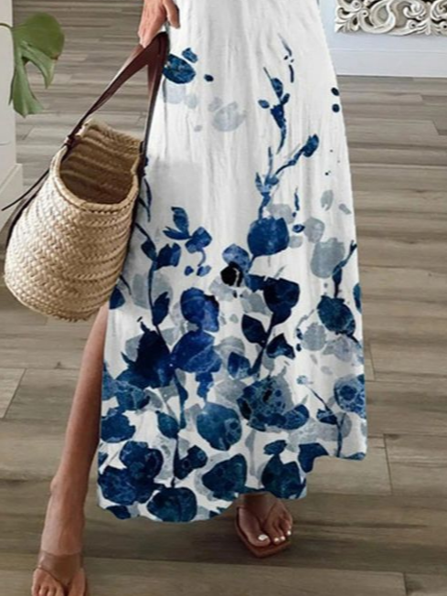 Women's Floral Spring Short Sleeve V-Neck Slit Dress