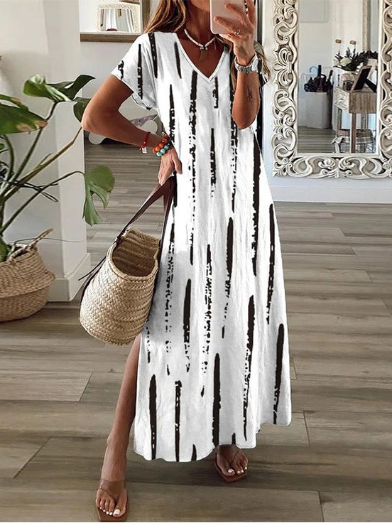 Women's Striped Spring Short Sleeve V-Neck Slit Dress