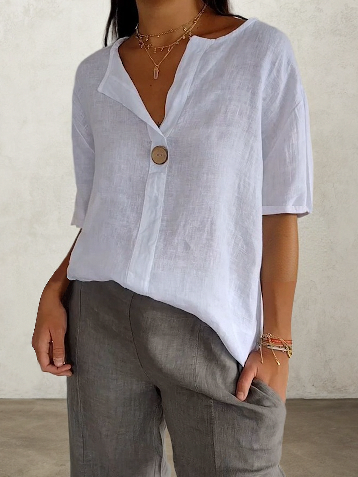 Linen Casual Plain linen-cotton Blouse