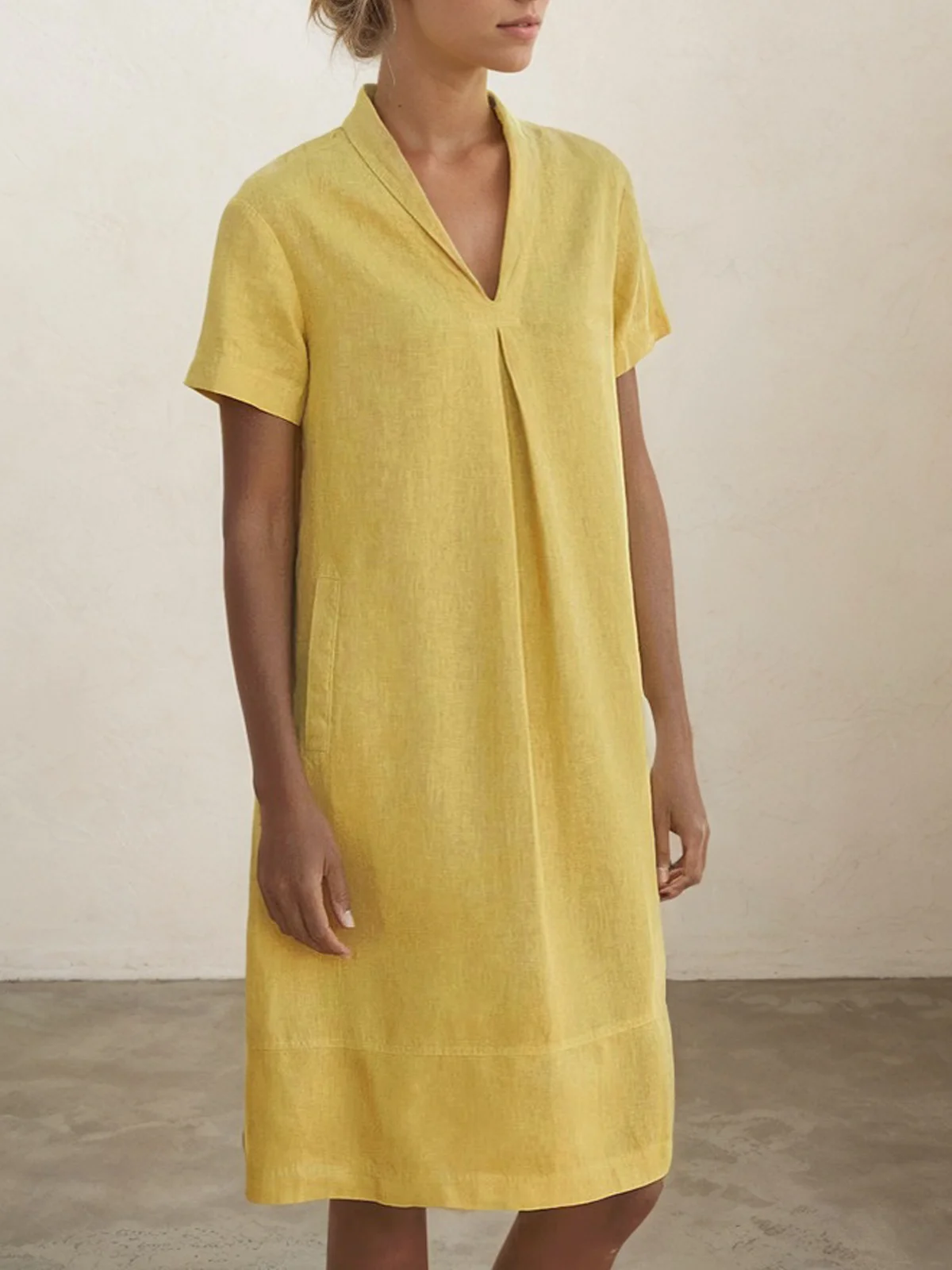 Casual Plain  Shawl Collar linen-cotton Mini Dress