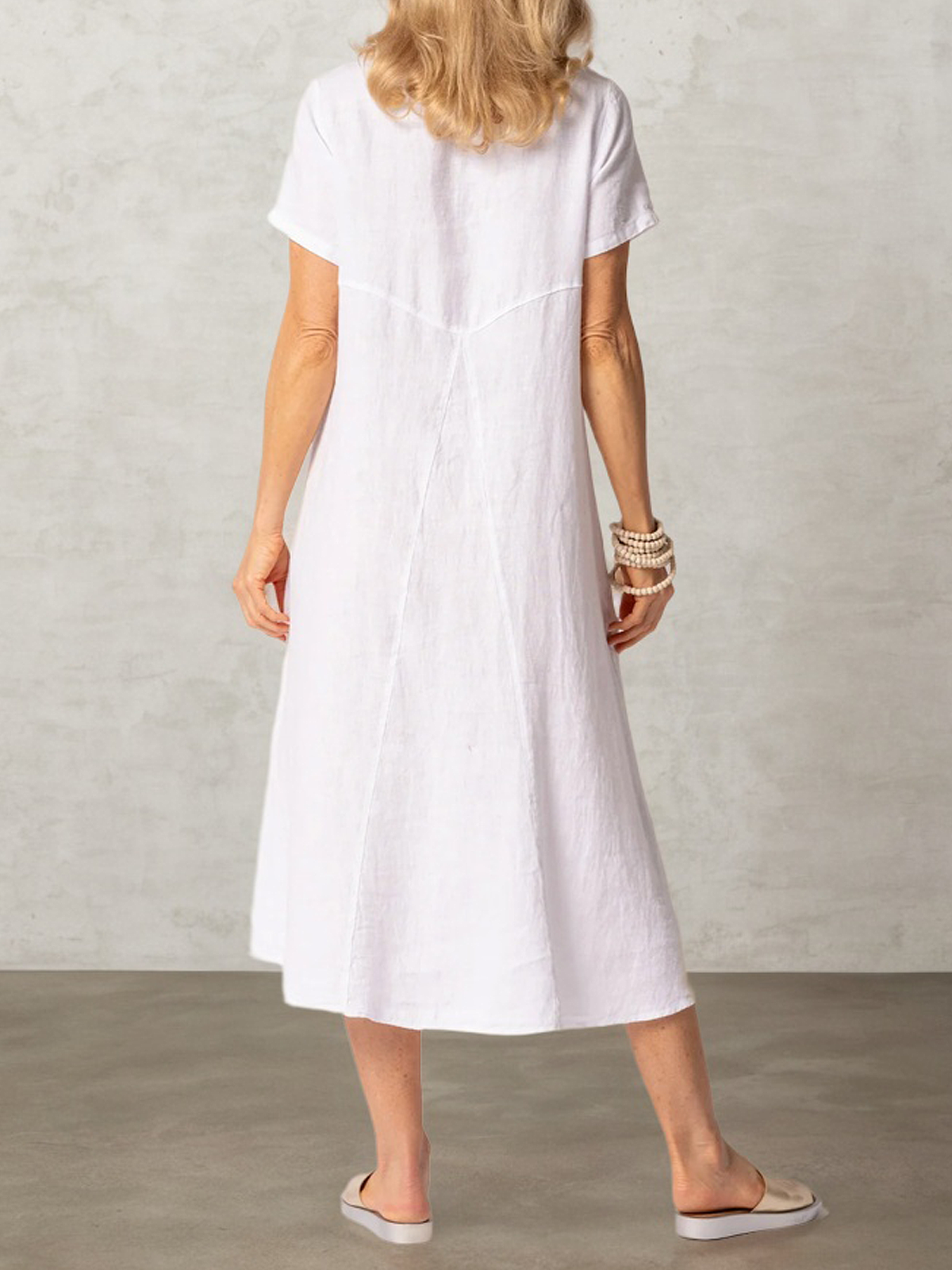 Elegant Plain Pocket Stitching linen-cotton Midi Dress