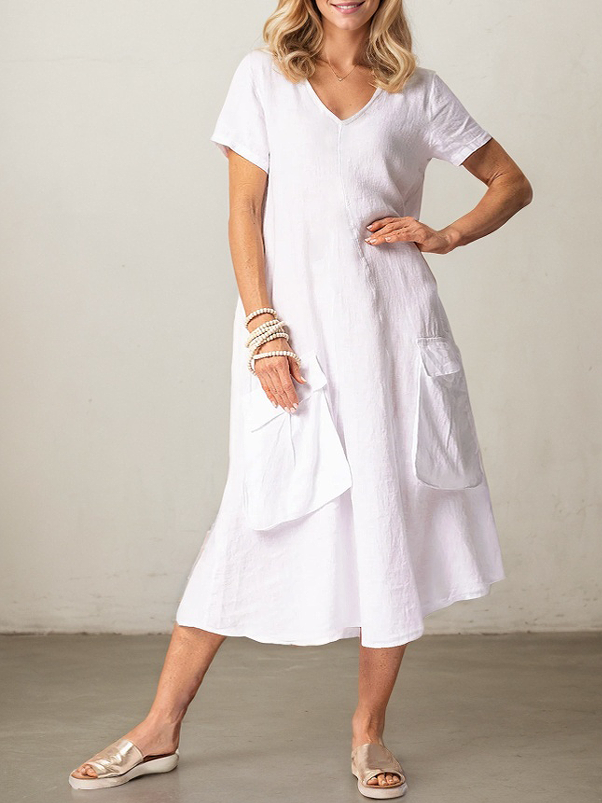 Elegant Plain Pocket Stitching linen-cotton Midi Dress