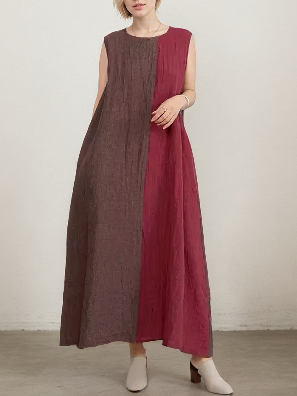 Vacation Color Block linen-cotton Maxi Dress