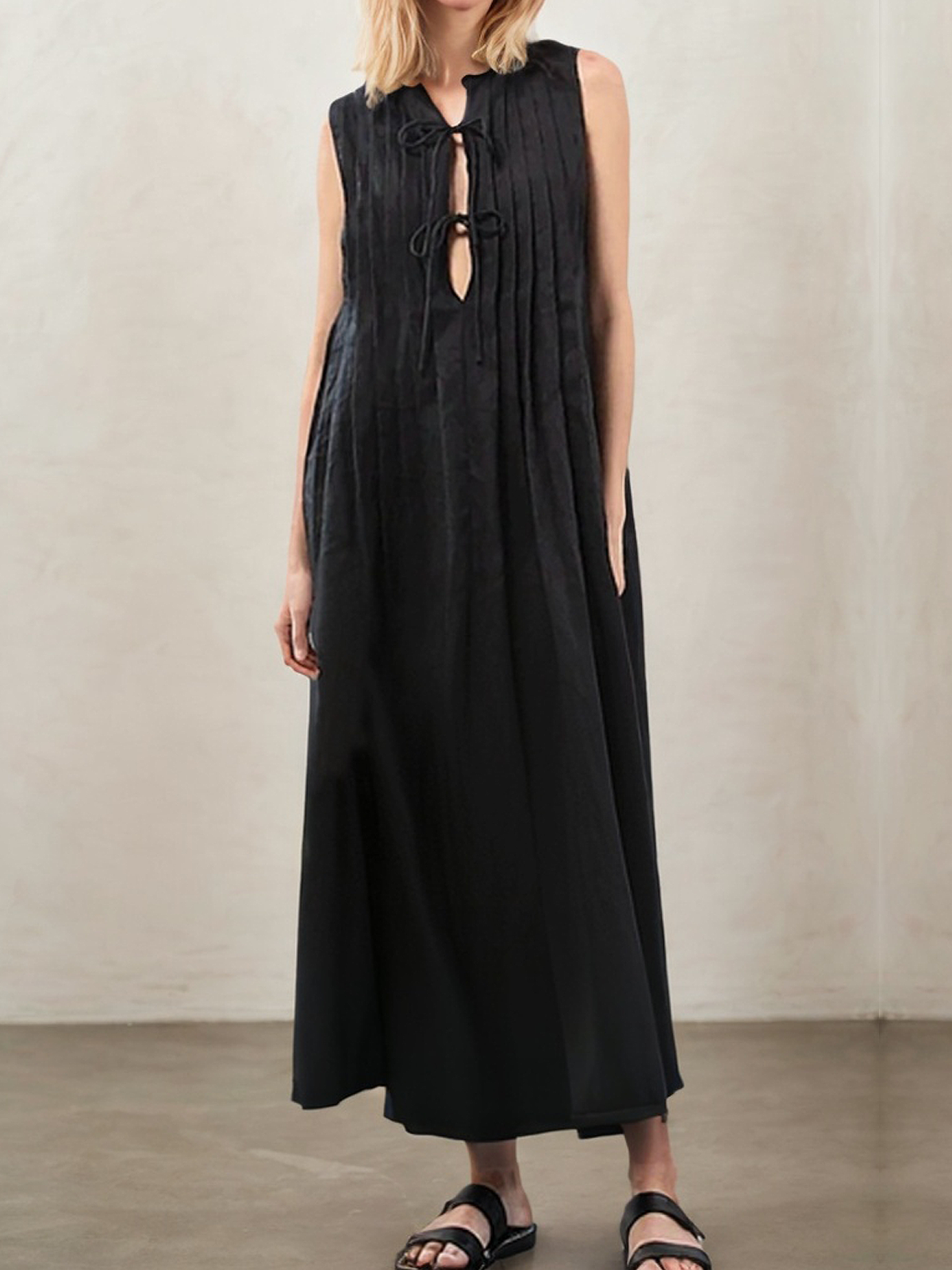 Vacation Plain Lace-up linen-cotton Maxi Dress