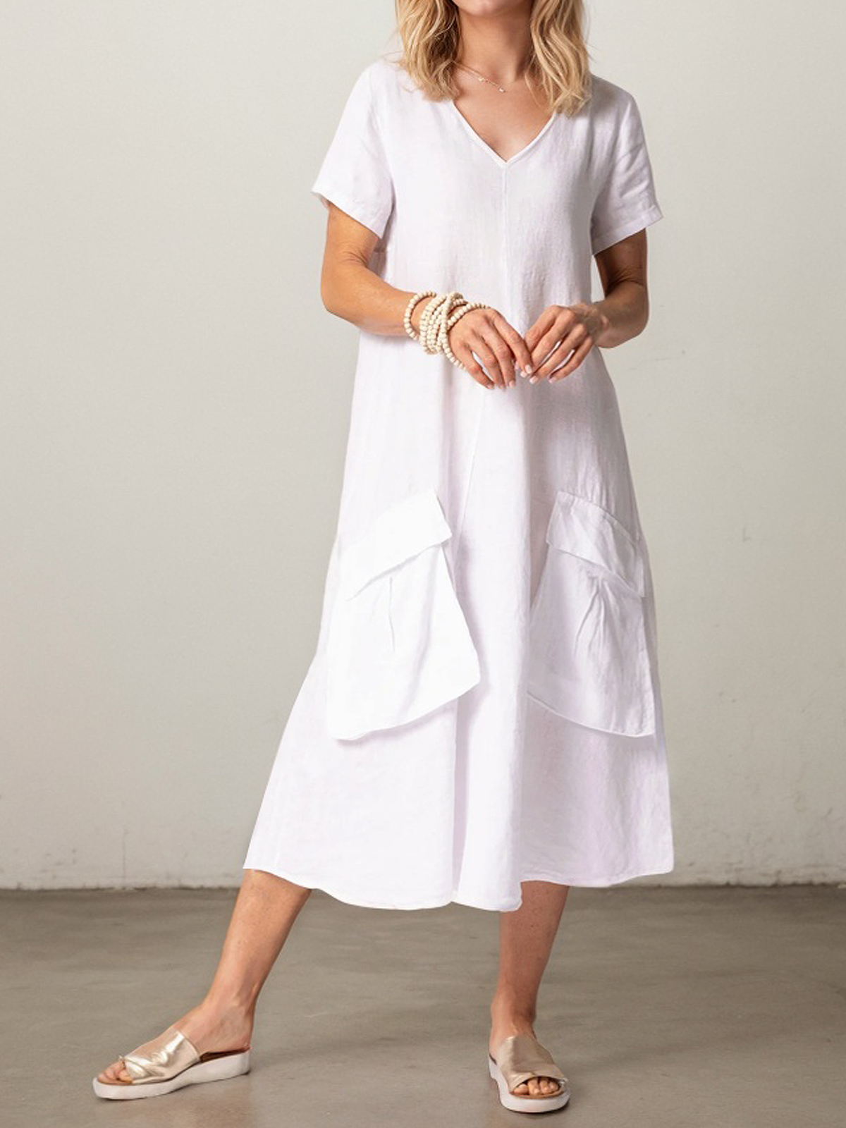 Elegant Plain Pocket Stitching linen-cotton Midi Dress