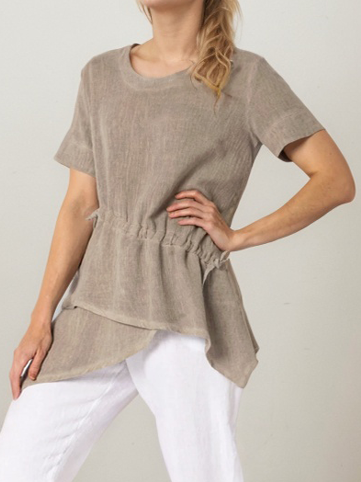 Linen Casual Plain Asymmetric linen-cotton Blouse