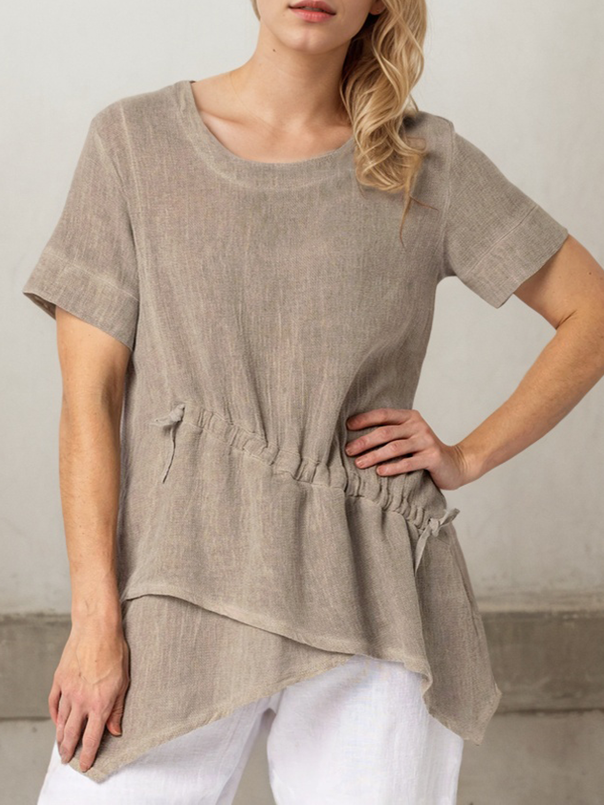 Linen Casual Plain Asymmetric linen-cotton Blouse