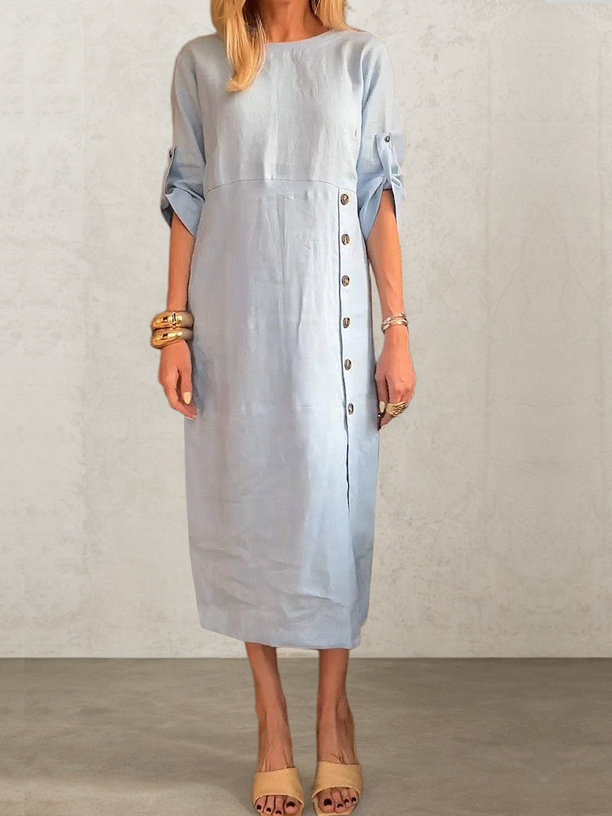 Casual Plain Asymmetric linen-cotton Midi Dress