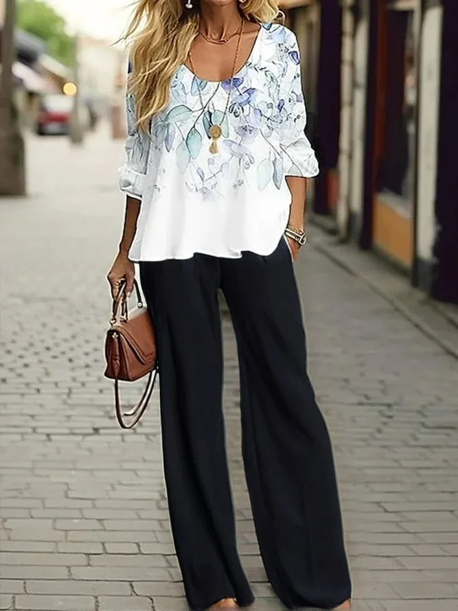 Women's Floral Spring Print Casual Tops and Pants Two-piece Set