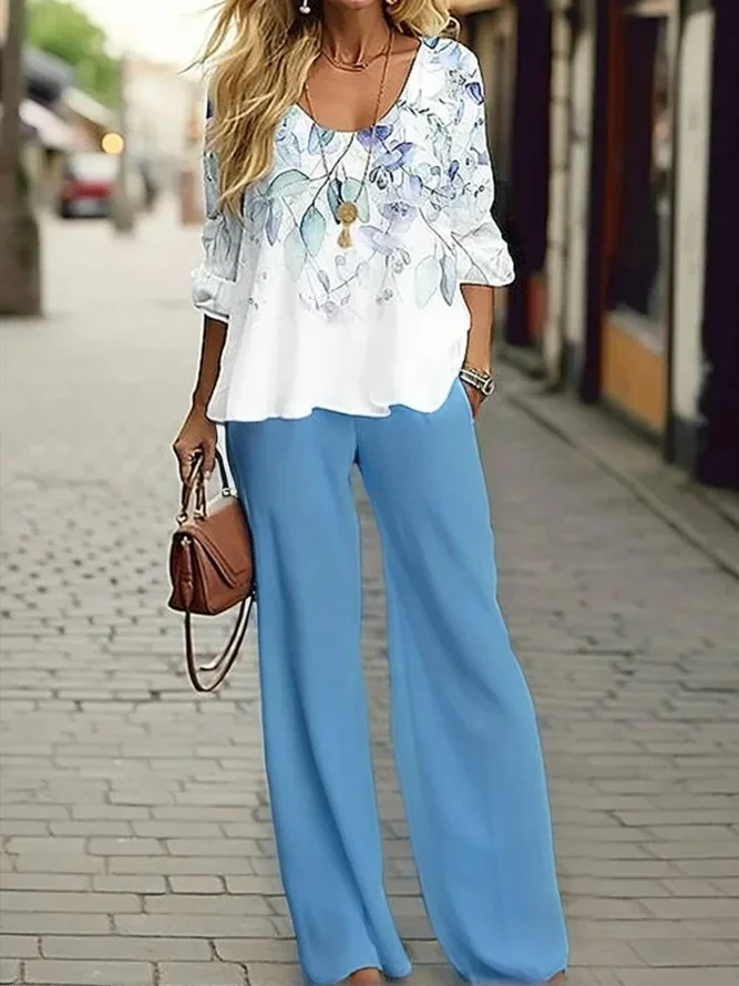 Women's Floral Spring Print Casual Tops and Pants Two-piece Set