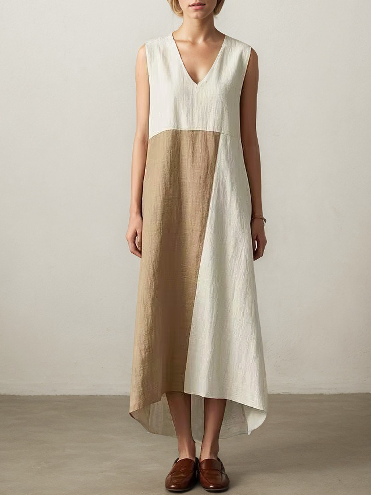 Casual Color Block linen-cotton Maxi Dress